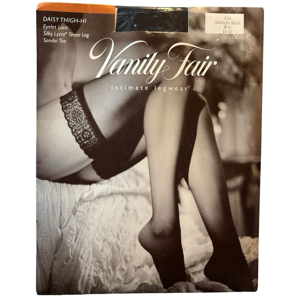 Vanity Fair Daisy Thigh Hi High eyelet Lace Sheer Midnight Black S/M New #53